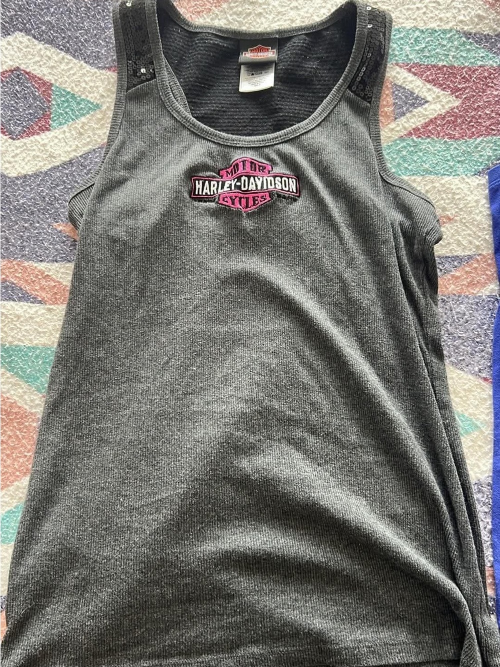 Harley-Davidson Gray Tank Top with Pink Logo Patch and Sequin Straps
